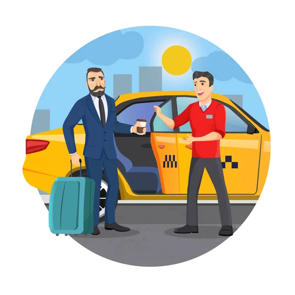 Ευτυχισμένος Που Μπήκε Ταξί Επιχειρηματίας Εισέρχεται Ένα Ταξί Στην Οδό — Διανυσματικό Αρχείο