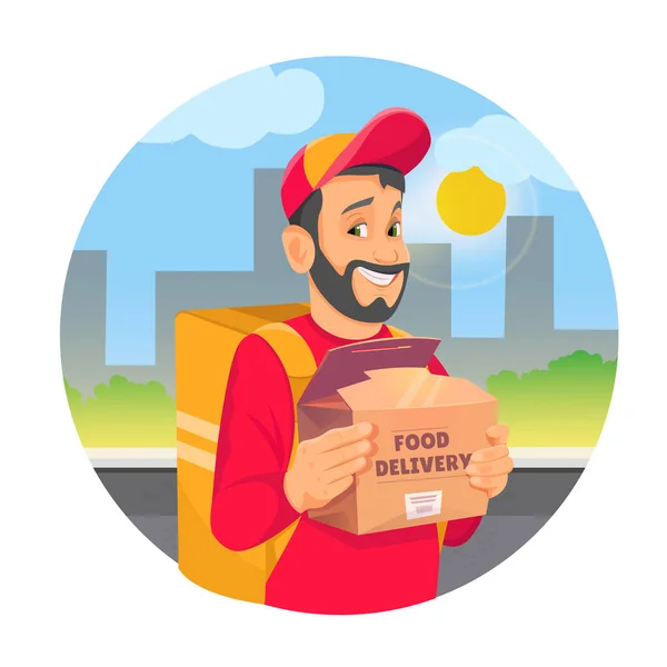 Dostawca Żywności Trzyma Fast Food Box Tle Miasta Dostawa Żywności — Wektor stockowy