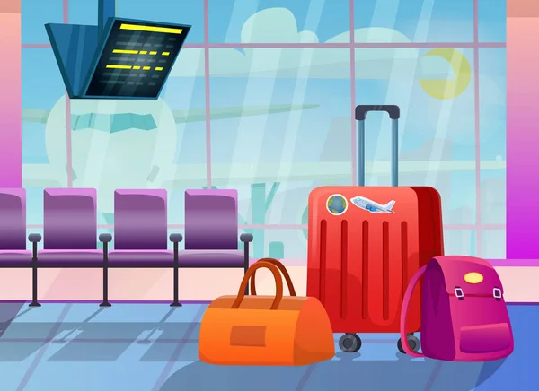 Three Travel Suitcases Empty Waiting Area Airport Terminal Background Large — Stock vektor