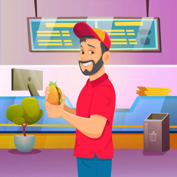 Hongerige Man Holding Burger Glimlach Fast Food Restaurant Interieur Achtergrond — Stockvector