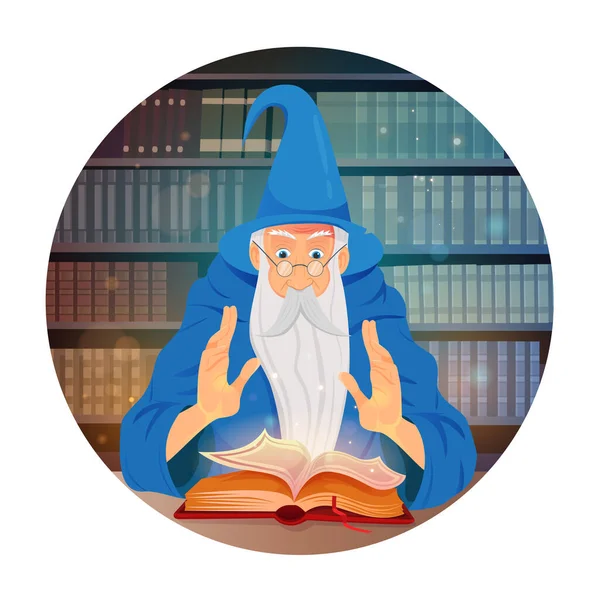 Wizard Het Lezen Van Spreukenboek Bibliotheekachtergrond Tovenaar Tovenaar Oude Baard — Stockvector