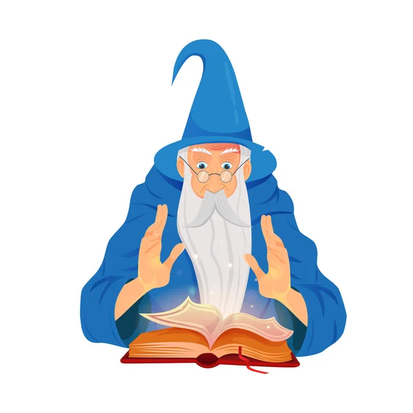 Wizard Reading Spell Boo White Background Warlock Sorcerer Old Beard — Vector de stock