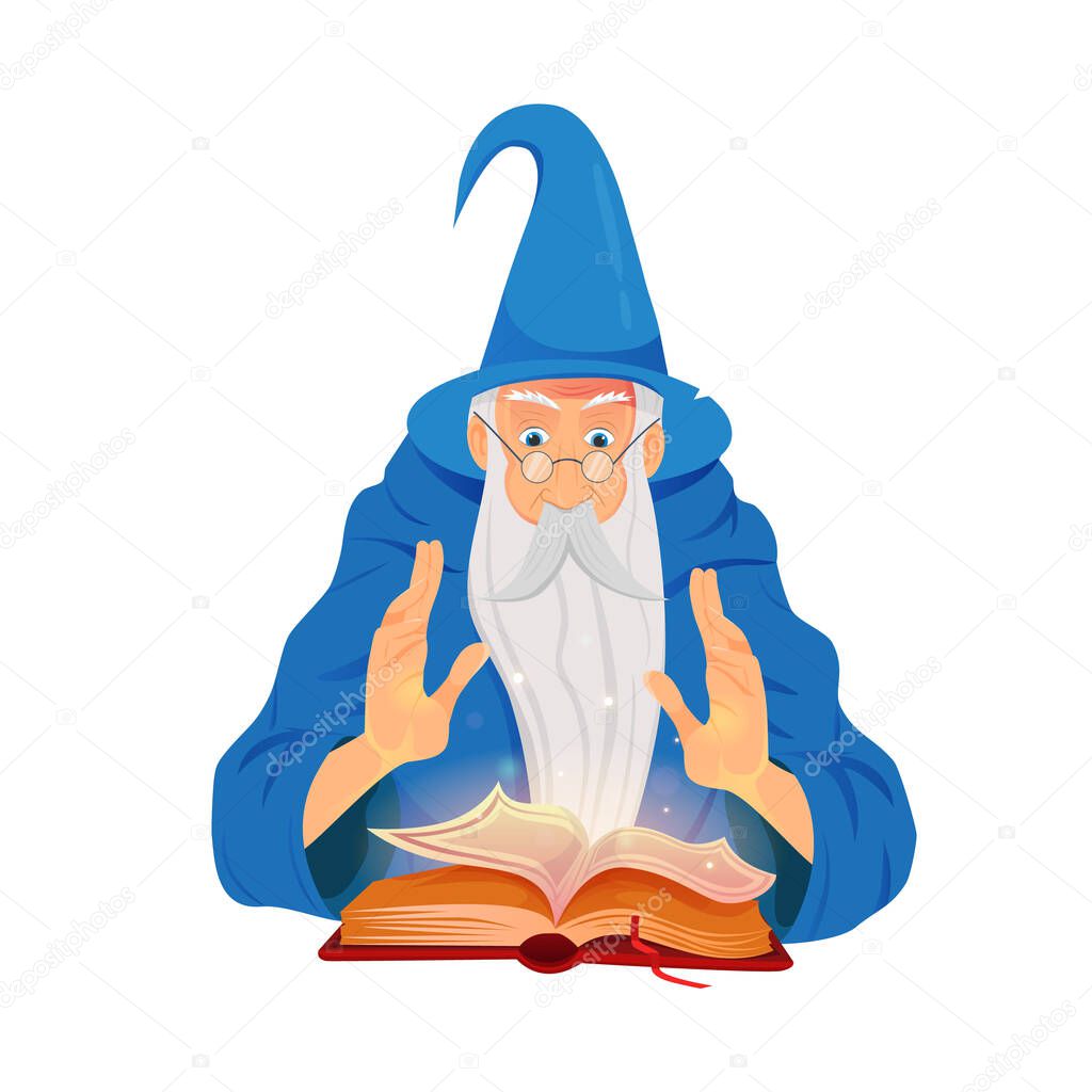 Wizard and reading spell boo on white background. Warlock, sorcerer, old beard man in blue wizards robe, hat.