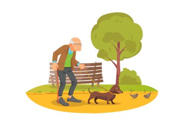 Happy old man walking with dog mascot on a park background