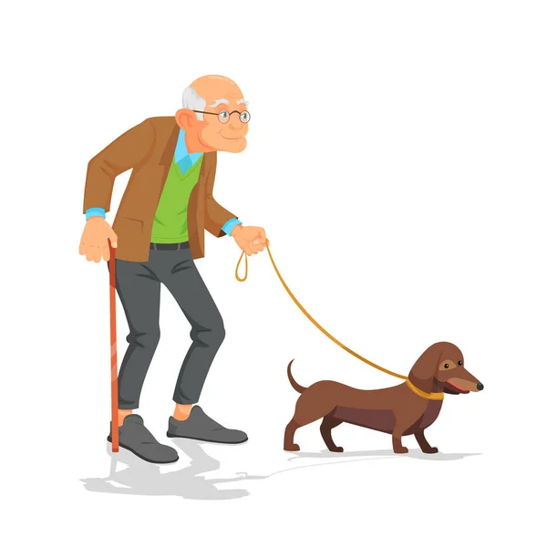 Old Man Walking Dog Mascot White Background Vector Illustration — Wektor stockowy