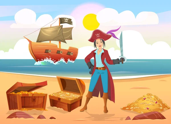 Жінка Піратському Костюмі Тримає Меч Стоїть Біля Відкритих Скарбів Пляжі — стоковий вектор
