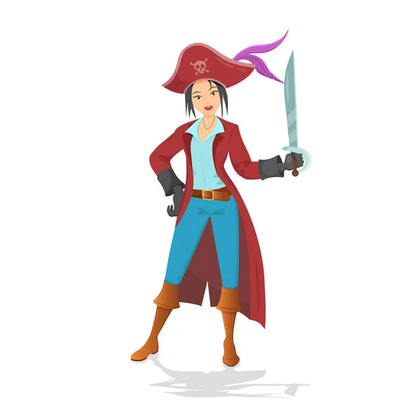 Pirate Woman Standing Holding Sword Cartoon Vector Illustration White Background — Stockový vektor