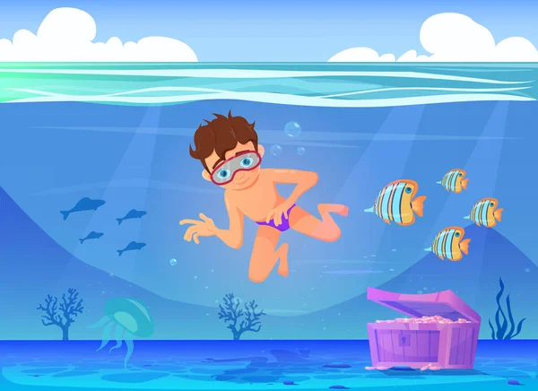 海でのダイビング漫画少年のベクトル イラスト — ストックベクタ