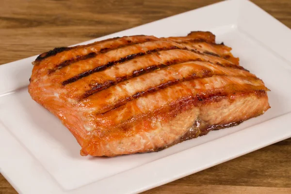 Grilled Salmon Fillet Served White Plate — Stockfoto