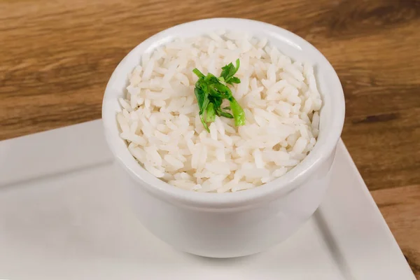 Bowl White Rice Cooked White Bowl Wooden Background — Stok fotoğraf