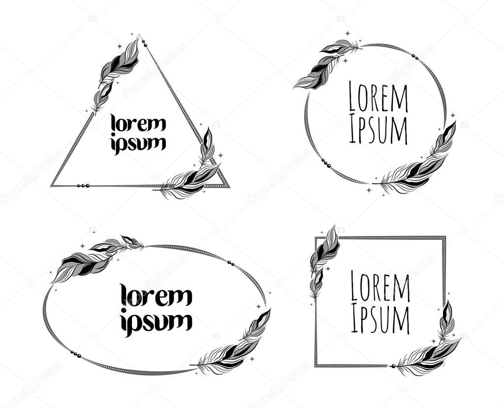 Framed images, vector frames, ready-made templates for invitation, greeting, wedding labels. Light, airy with feathers and beads. Square, round, oval, triangle.