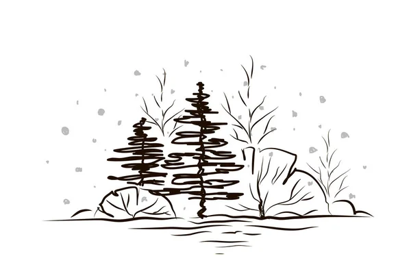 Een Zwart Wit Schets Van Een Winterbos Met Hand Getekend — Stockvector