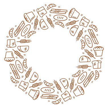 Ekmek çerçevesi, illüstrasyon, ekmek simgeleri yüzüğü. Daire şeklinde vektör simgeleri, yuvarlak ekmek deseni, baget, somun, çavdar, buğday, kulaklar. Fırın tasarımı.