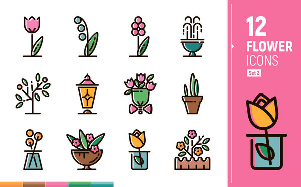 Современные иконы цветов. Контурные иконки в плоском стиле. Цветные плоские иконки. Садовые цветы, флористика

