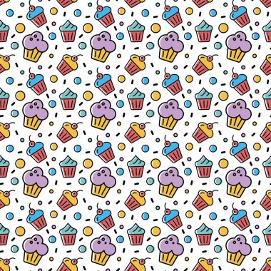 Keklerle şenlikli, pürüzsüz desen. Doğum günü, parti, düğün, mezuniyet. Şekerlemeler, kartvizitler, ambalaj kağıtları, kırtasiye malzemeleri için arka plan. Komik Çocuk Duvar Kağıdı.