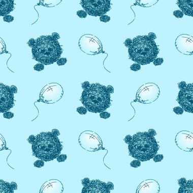 Mavi arka planda oyuncak ayılar ve balonlar olan şirin bebek desenleri. Çocuk odası, giysi ya da kartpostallar için vektör baskısı. El çizimi arka plan. Kablo elemanları.