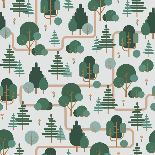 Children Drawing Vector Forest Paths Maze Flat Seamless Pattern — 스톡 벡터