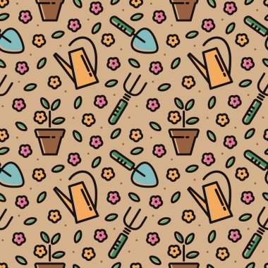 Seamless vector pattern for a flower shop. Background on gardening, floriculture, indoor plants. Pattern with elements: watering can, potted flower, florist's tools. Vector icons.