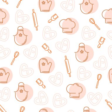 Seamless vector pattern of kitchen elements, chef's or Baker's clothing. Contour flat icons, baking background.