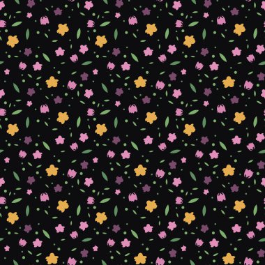 Vector pattern on a black background, vector pattern of flowers. Elements for greeting cards, invitations, packaging, paper, textiles. Vector model. Naive illustrations. Ethnic, Gypsy. Chintz.