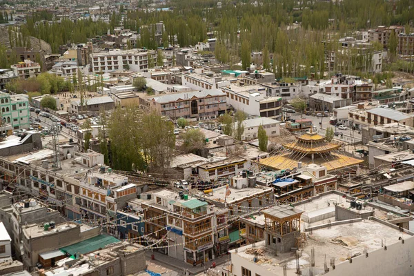 Vista Paisagem Paisagem Urbana Leh Village Com Ruínas Stupa Chedi — Fotografia de Stock