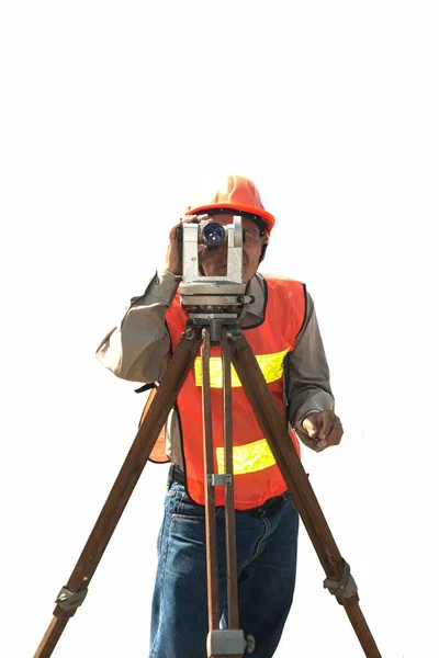 Engenheiro Inspetor Que Trabalha Com Equipamentos Teodolite Canteiros Obras Rodoviárias — Fotografia de Stock