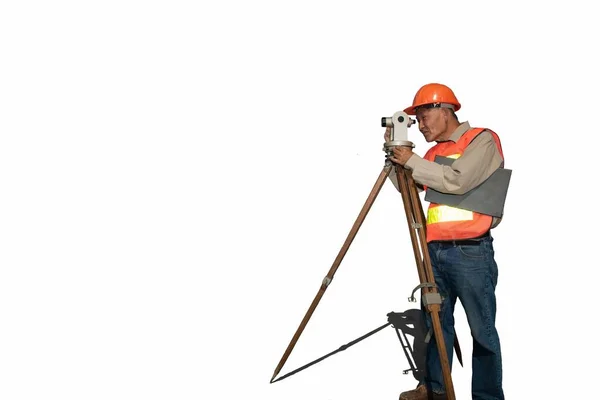 Engineer Surveyor Working Theodolite Equipment Road Construction Site Isolated Clipping — Stock Photo, Image