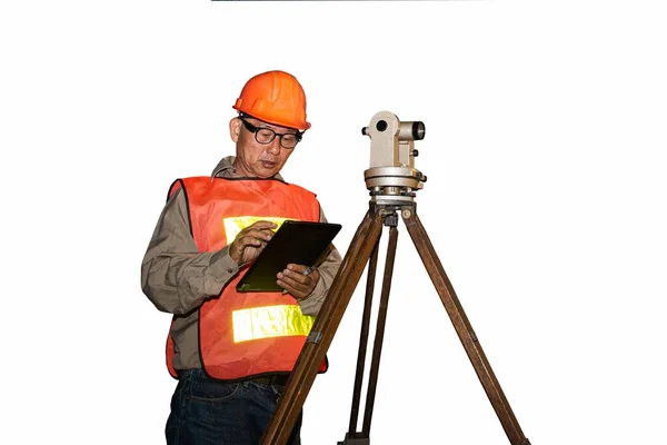 Engenheiro Inspetor Que Trabalha Com Equipamentos Teodolite Canteiros Obras Rodoviárias — Fotografia de Stock