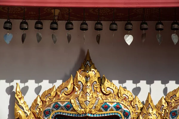 Little Brass Bells Hanging Roof Beautiful Pattern Door Thai Church — Stockfoto