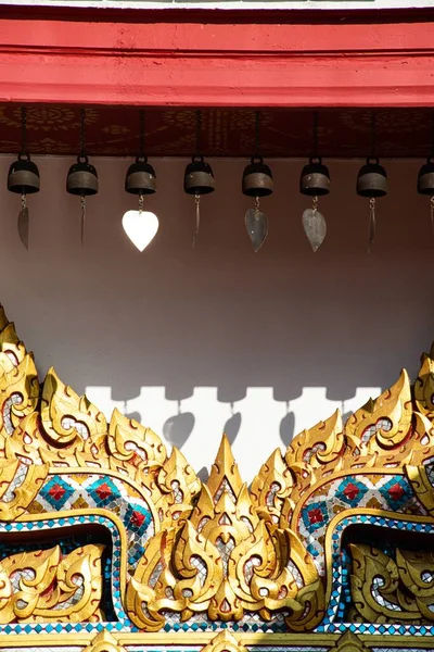 Little Brass Bells Hanging Roof Beautiful Pattern Door Thai Church — Stockfoto