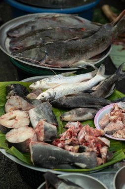 Animal products for cooking are sold at the street food market. Fresh fish meat is a popular traditional Thai food in the morning market.