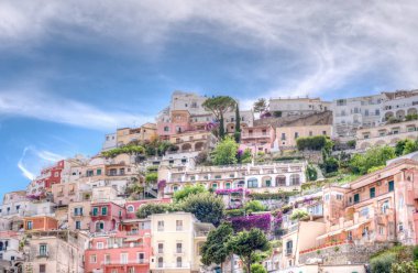 View of the village of Positano along the Amalfi Coast in Italy, with its characteristic colorful houses