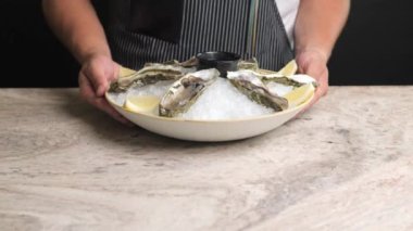 oyster delicacy beautifully presented on a platter with oyster sauce, ice and fresh lemon. beautiful presentation of the dish from the chef. French cuisine. seafood. fresh oysters are nicely arranged on the plate