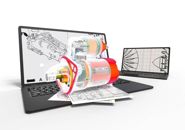 Bilgisayar Destekli Tasarımı temsil eden başlatıcı motoru olan bir dizüstü bilgisayarın 3B görüntüsü