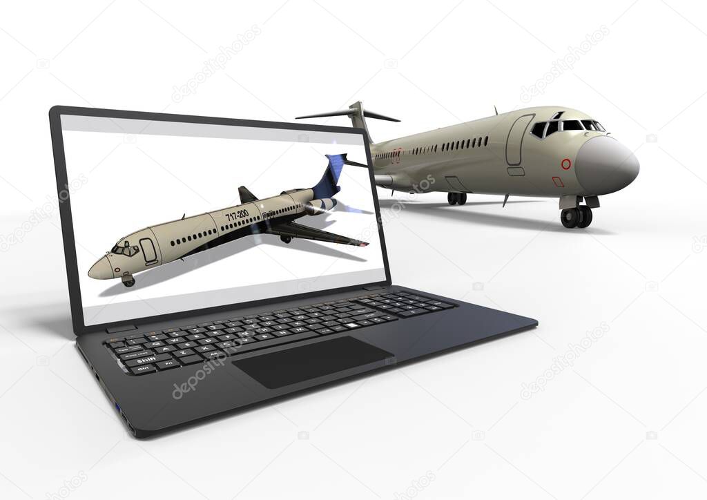 3D rendering image representing an airplane with computer aided design elements 