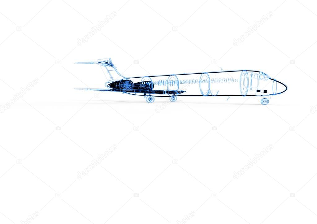 3D rendering image representing an airplane with computer aided design elements 