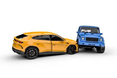 İki lüks SUV arasındaki kazayı temsil eden çarpışan iki arabanın 3 boyutlu görüntüsü