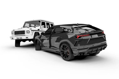 İki lüks SUV arasındaki kazayı temsil eden çarpışan iki arabanın 3 boyutlu görüntüsü