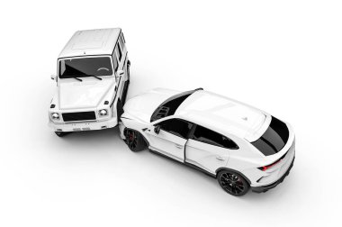 İki lüks SUV arasındaki kazayı temsil eden çarpışan iki arabanın 3 boyutlu görüntüsü