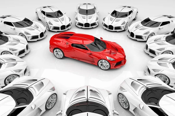 许多昂贵汽车的3D图像代表了一个独特的概念 — 图库照片