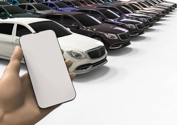 3D render of a hand with a phone in front of a lot of parking luxury car that represents phone app usage in automotive field