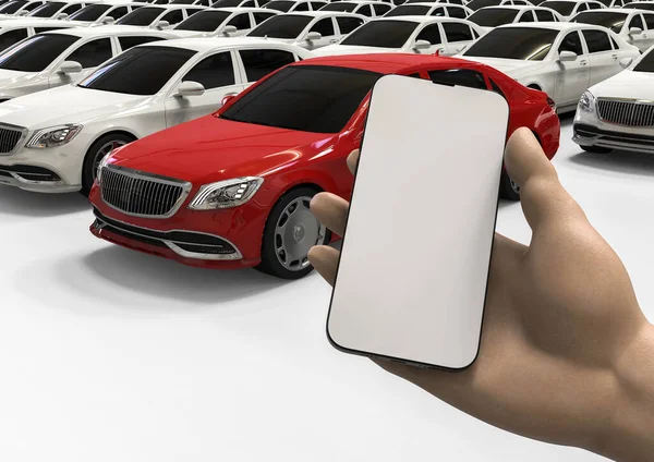 3D render of a hand with a phone in front of a lot of parking luxury car that represents phone app usage in automotive field