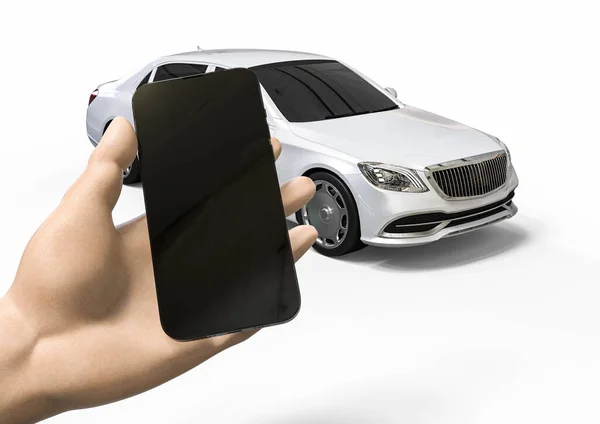 Render Image Hand Phone Limousine Background Representing Using App Automotive Telifsiz Stok Fotoğraflar