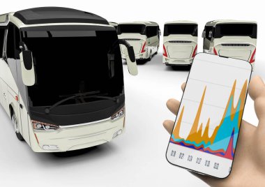 3D render image of a phone with busses representing an mobile app that monitoring transportation 