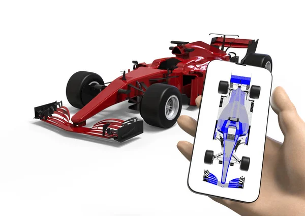 Render Image Formula Car Hand Phone Representing Using Phone App — Zdjęcie stockowe