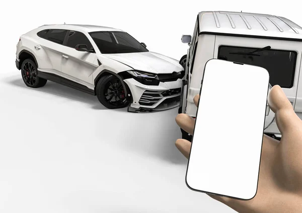 Render Image Car Accident Hand Phone Representing Using Phone App Telifsiz Stok Imajlar