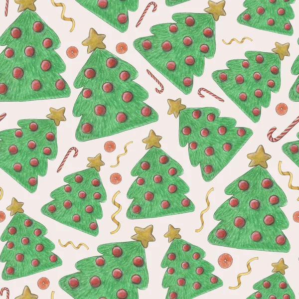 Kerstmis naadloos patroon. Een kerstboom versierd met kerstballen. Nieuwjaarskaart — Stockfoto