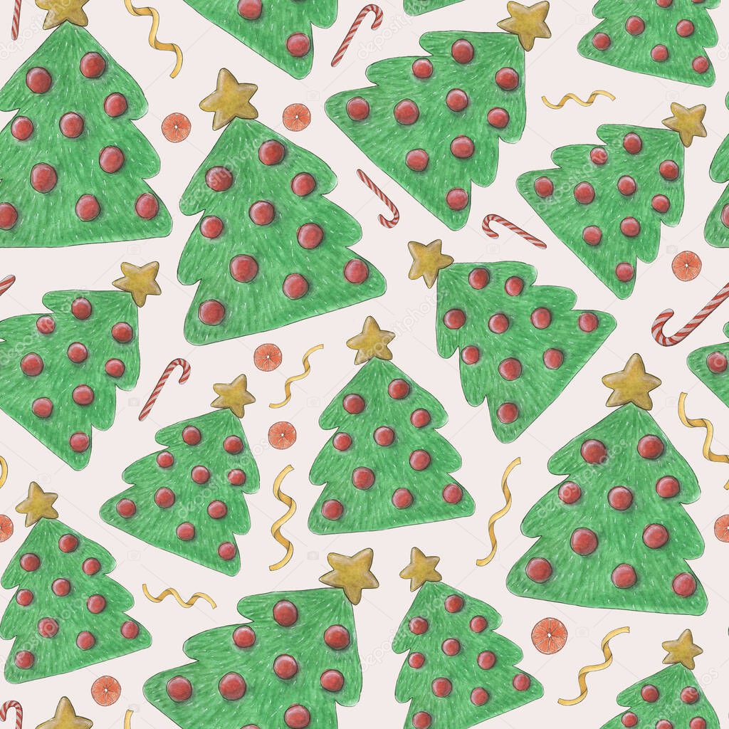 Christmas seamless pattern. A Christmas tree decorated with Christmas balls. New Years card