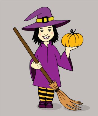 Sevimli küçük cadı, Cadılar Bayramı bayrağın kutlu olsun. Elinde balkabağı olan çizilmiş bir cadı kız.