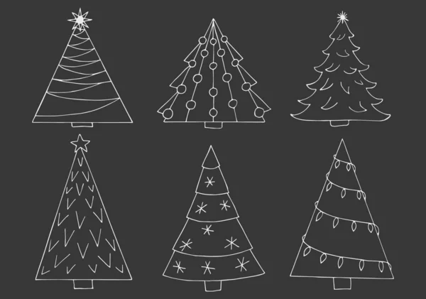 Karácsonyfa vektor gyűjtemény. Kézzel rajzolt aranyos doodle lucfenyő, Karácsonyi illusztráció. — Stock Vector